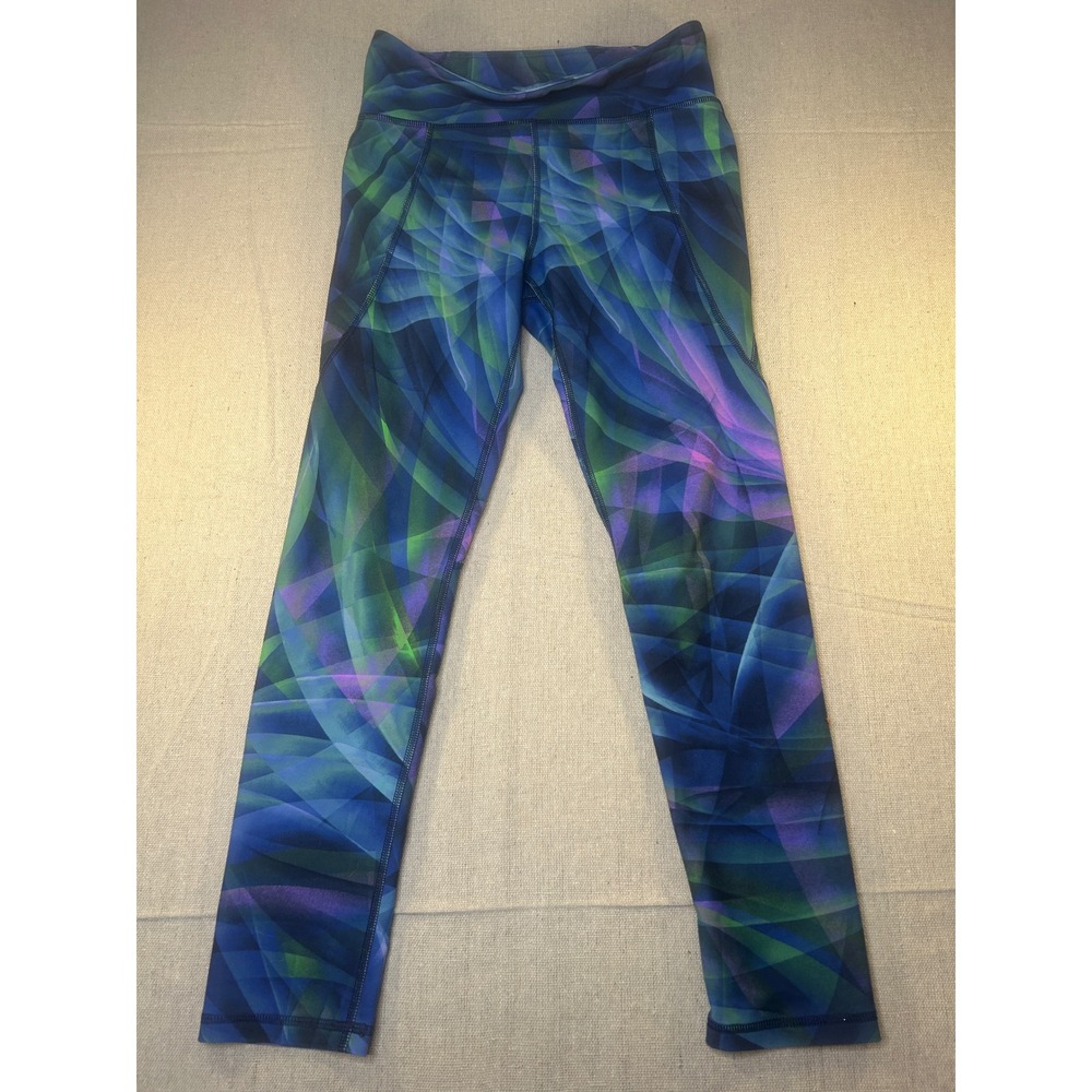 Old Navy Powersoft Leggings Womens L Blue Green Abstract High Rise Go-Dry Pocket